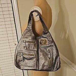 Elegant Metallic Gray Shoulder Bag Tote